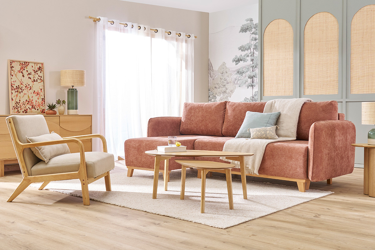 Canap� d'angle convertible et r�versible 3-4 places en tissu effet velours terre br�l�e et bois clair ROMANE