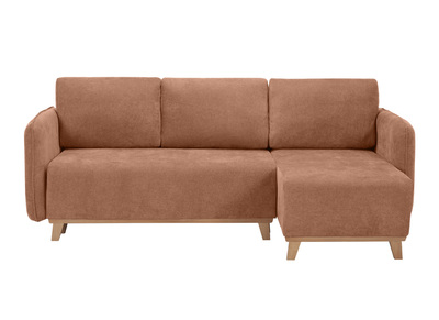 Canap&eacute; d'angle convertible et r&eacute;versible 3-4 places en tissu effet velours terre br&ucirc;l&eacute;e et bois clair ROMANE