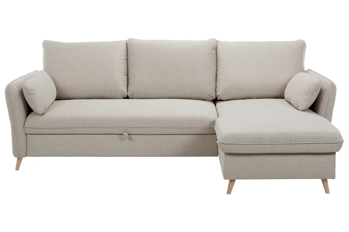Canap� d'angle convertible r�versible avec coffre 3-4 places en tissu beige et bois clair DRISS