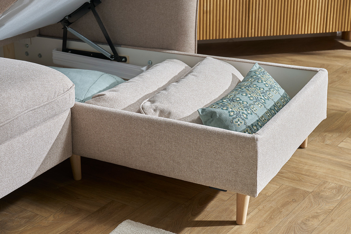 Canap� d'angle convertible r�versible avec coffre 3-4 places en tissu beige et bois clair DRISS