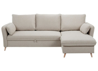 Canap&eacute; d'angle convertible r&eacute;versible avec coffre 3-4 places en tissu beige et bois clair DRISS