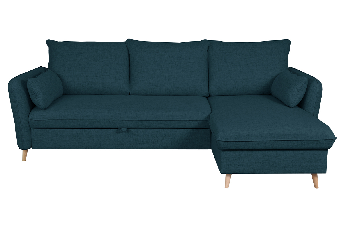 Canap� d'angle convertible r�versible avec coffre 3-4 places en tissu bleu oc�an et bois clair DRISS