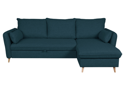 Canap&eacute; d'angle convertible r&eacute;versible avec coffre 3-4 places en tissu bleu oc&eacute;an et bois clair DRISS