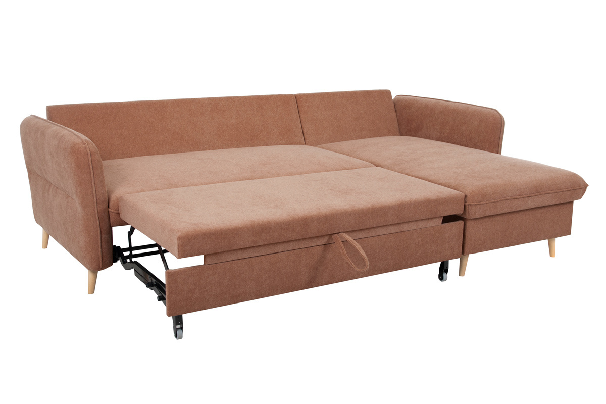 Canap� d'angle convertible r�versible avec coffre 3-4 places en tissu effet velours terre br�l�e et bois clair DRISS