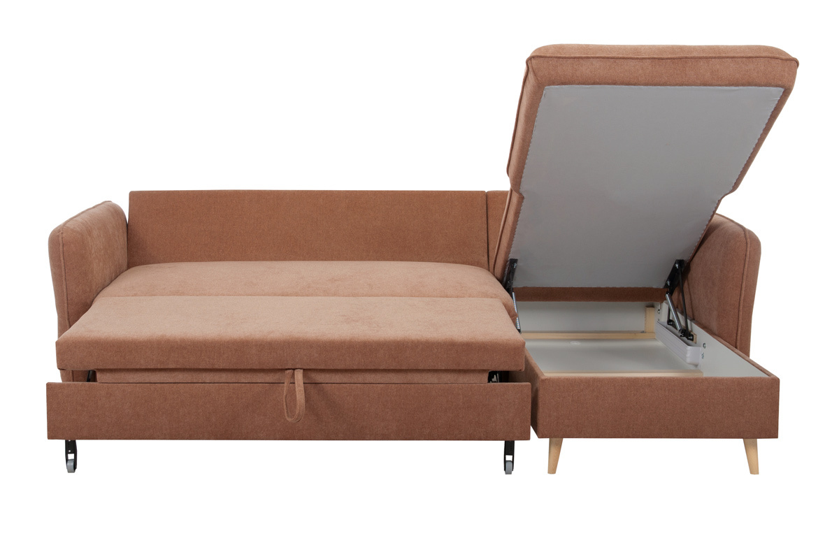 Canap� d'angle convertible r�versible avec coffre 3-4 places en tissu effet velours terre br�l�e et bois clair DRISS