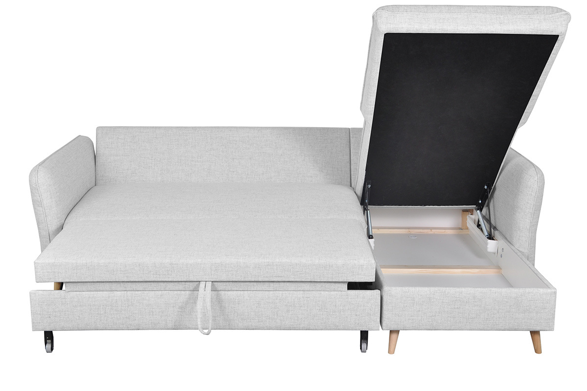 Canap� d'angle convertible r�versible avec coffre 3-4 places en tissu gris clair et bois clair DRISS