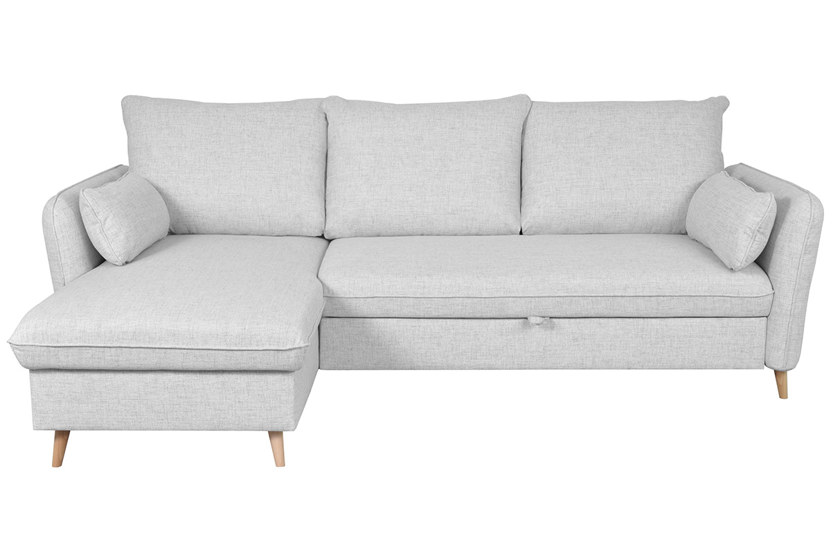 Canap� d'angle convertible r�versible avec coffre 3-4 places en tissu gris clair et bois clair DRISS
