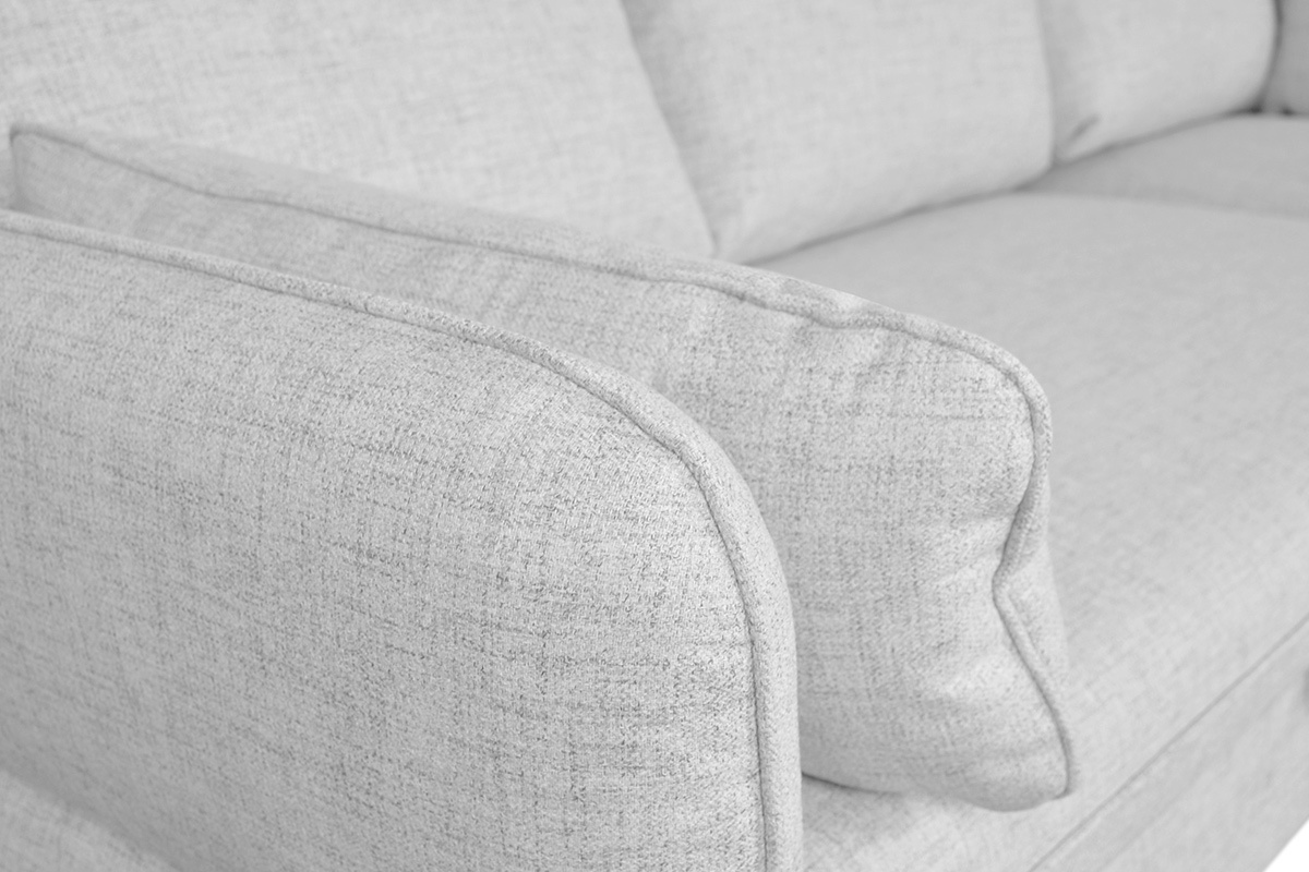 Canap� d'angle convertible r�versible avec coffre 3-4 places en tissu gris clair et bois clair DRISS