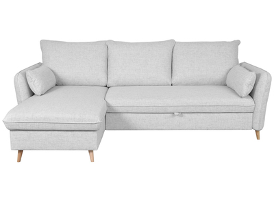 Canap&eacute; d'angle convertible r&eacute;versible avec coffre 3-4 places en tissu gris clair et bois clair DRISS