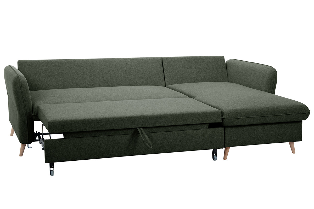 Canap� d'angle convertible r�versible avec coffre 3-4 places en tissu vert kaki et bois clair DRISS