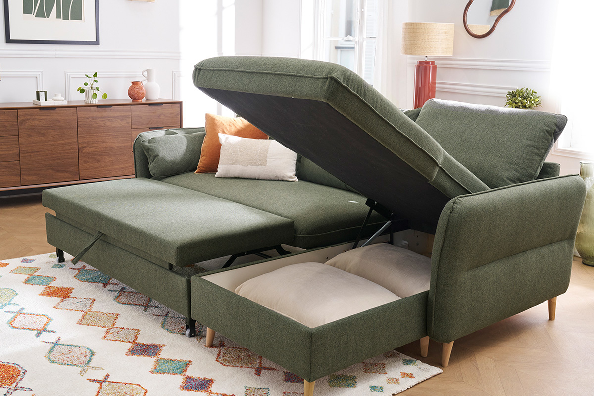 Canap� d'angle convertible r�versible avec coffre 3-4 places en tissu vert kaki et bois clair DRISS