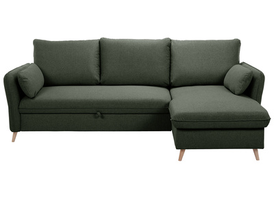 Canap&eacute; d'angle convertible r&eacute;versible avec coffre 3-4 places en tissu vert kaki et bois clair DRISS
