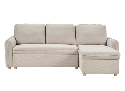 Canap&eacute; d'angle convertible r&eacute;versible avec coffre 3 places en tissu chenille beige et bois clair ORSO