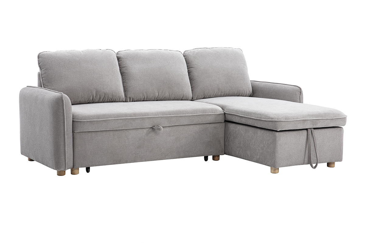 Canap� d'angle convertible gris et bois clair ORSO avec coffre, 3 places, tissu chenille textur�, r�versible.