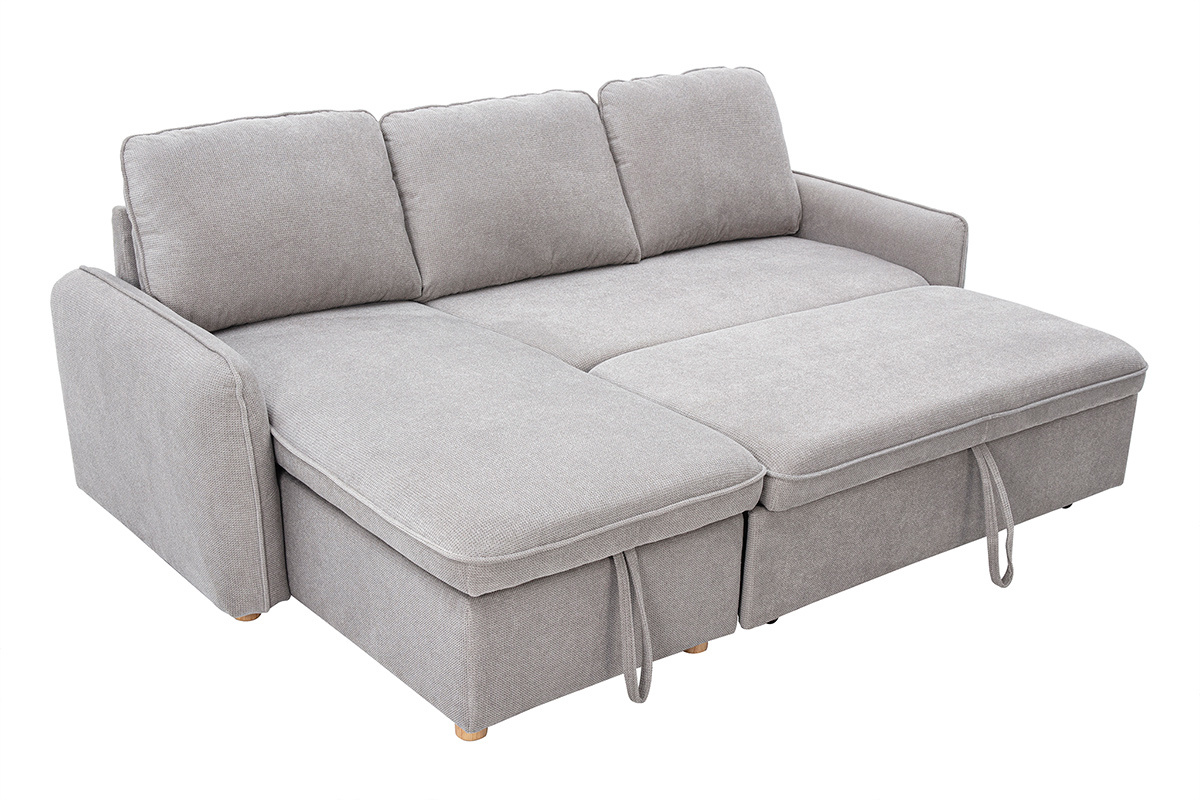 Canap� d'angle convertible trois places en tissu gris effet velours textur� avec pieds en bois clair.