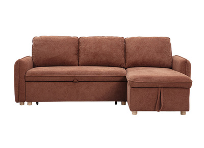 Canap&eacute; d'angle convertible r&eacute;versible avec coffre 3 places en tissu chenille terre br&ucirc;l&eacute;e et bois clair ORSO