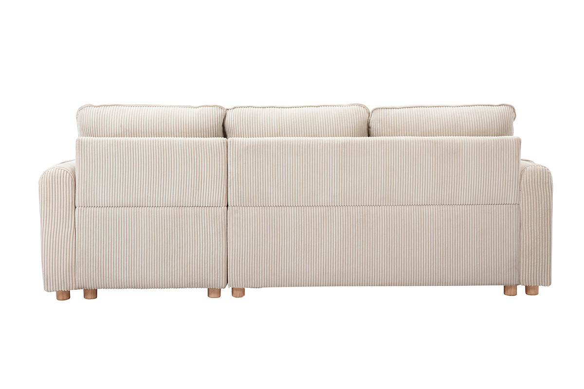 Canap� d'angle beige en velours c�tel�, vue arri�re, pieds en bois clair.