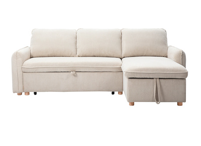 Canap&eacute; d'angle convertible r&eacute;versible avec coffre 3 places en tissu velours c&ocirc;tel&eacute; beige et bois clair ORSO