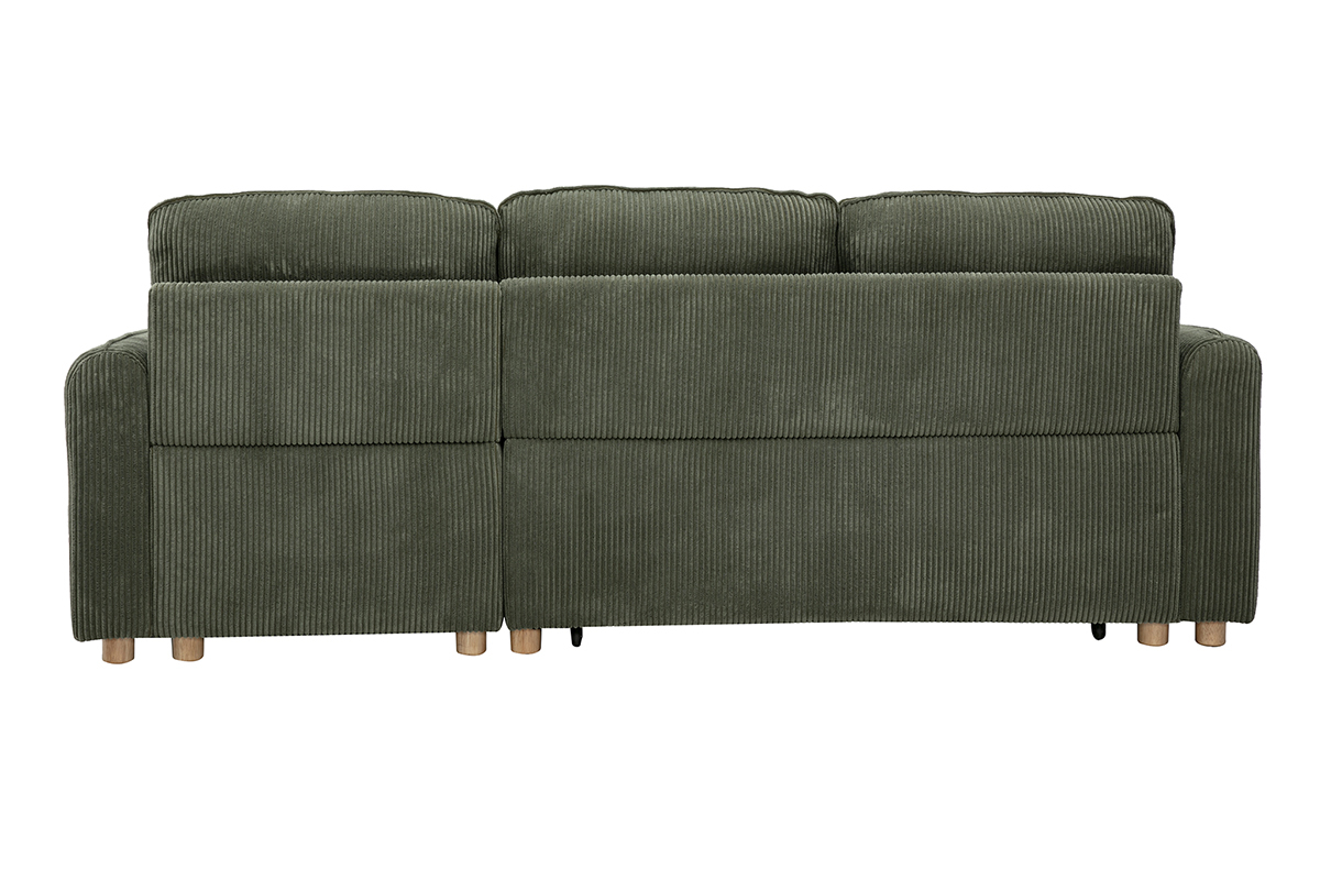 Canap� d'angle convertible ORSO, vue de dos, en tissu velours c�tel� vert kaki avec pieds en bois clair.