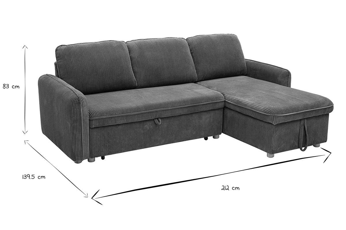 Canap� d'angle convertible r�versible ORSO en tissu velours c�tel�, vue de face avec dimensions.