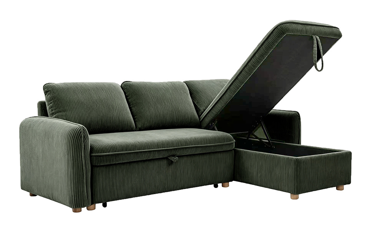 Canap� d'angle convertible r�versible avec coffre 3 places en tissu velours c�tel� vert kaki et bois clair ORSO