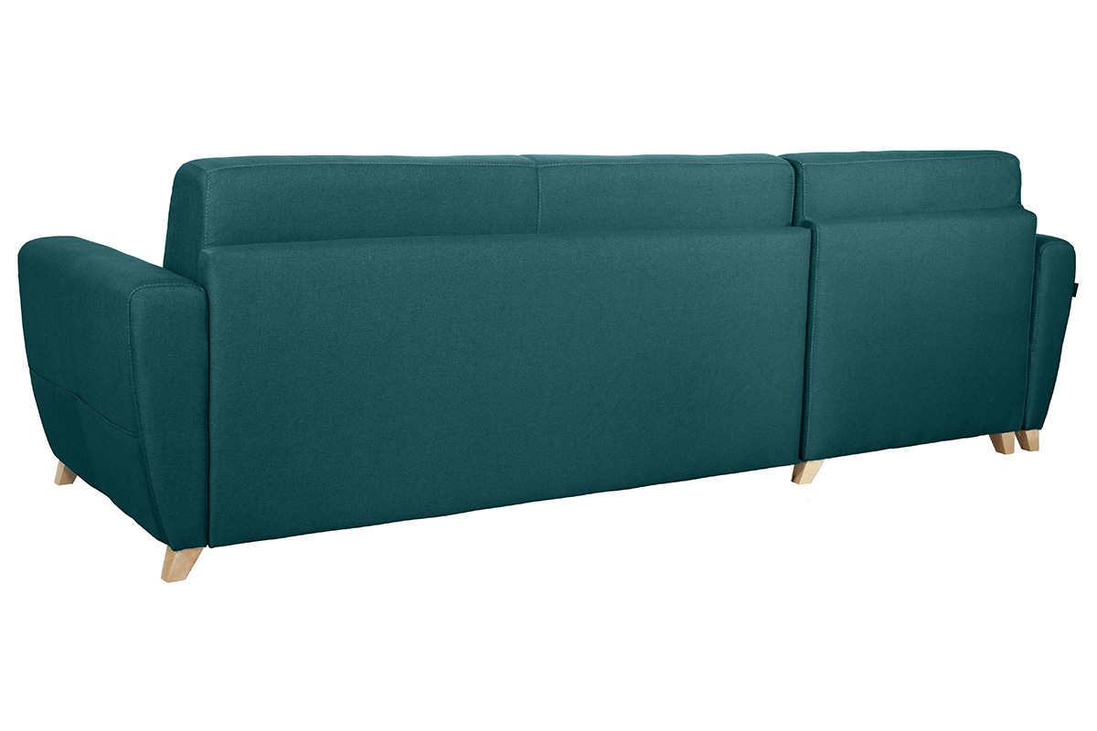 Canap� d'angle convertible r�versible avec coffre 4 places en tissu bleu canard et bois clair GRAHAM