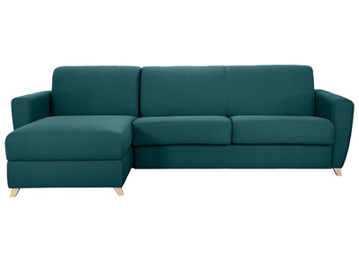Canap&eacute; d'angle convertible r&eacute;versible avec coffre 4 places en tissu bleu canard et bois clair GRAHAM