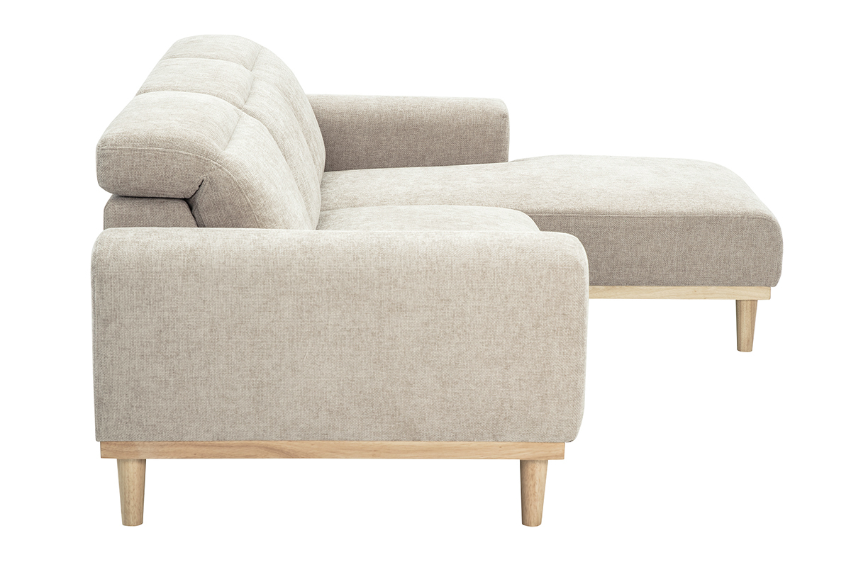 Canap� d'angle droit beige en tissu effet velours, vue de c�t�, pieds en bois clair.