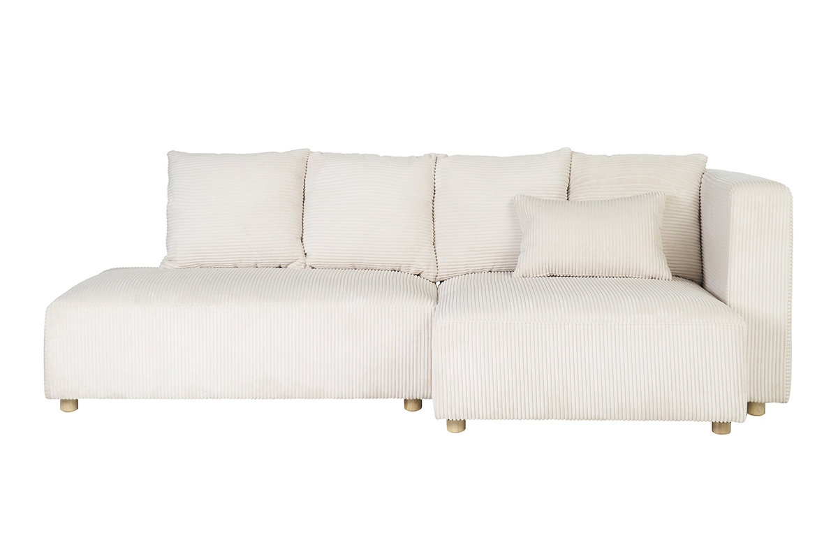 Canap� d'angle droit 3 places en tissu velours c�tel� beige et bois clair HARLEM