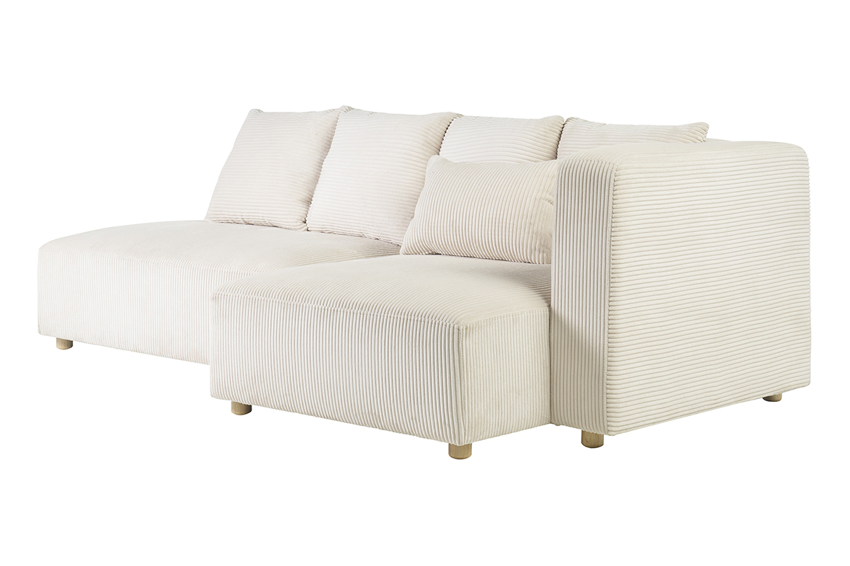 Canap� d'angle droit 3 places en tissu velours c�tel� beige et bois clair HARLEM