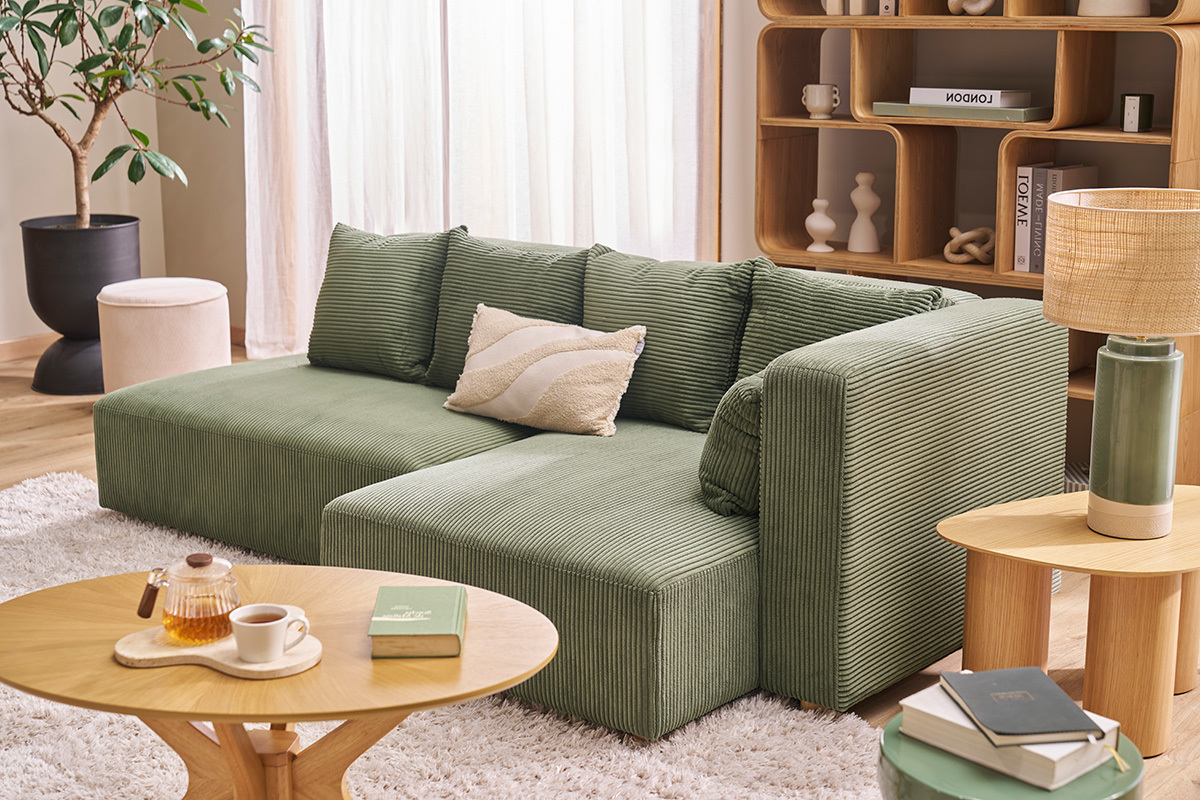 Canap� d'angle droit 3 places en tissu velours c�tel� vert kaki et bois clair HARLEM