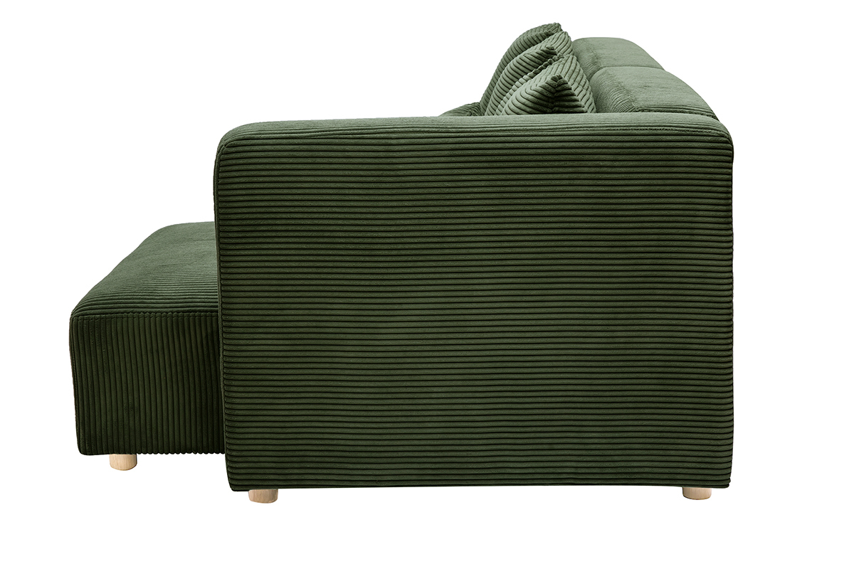 Canap� d'angle droit 3 places en tissu velours c�tel� vert kaki et bois clair HARLEM