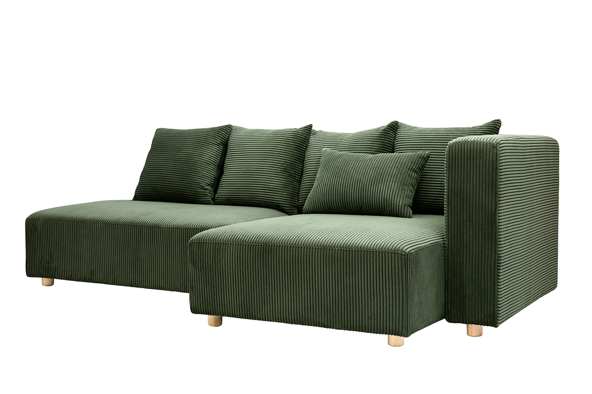 Canap� d'angle droit 3 places en tissu velours c�tel� vert kaki et bois clair HARLEM