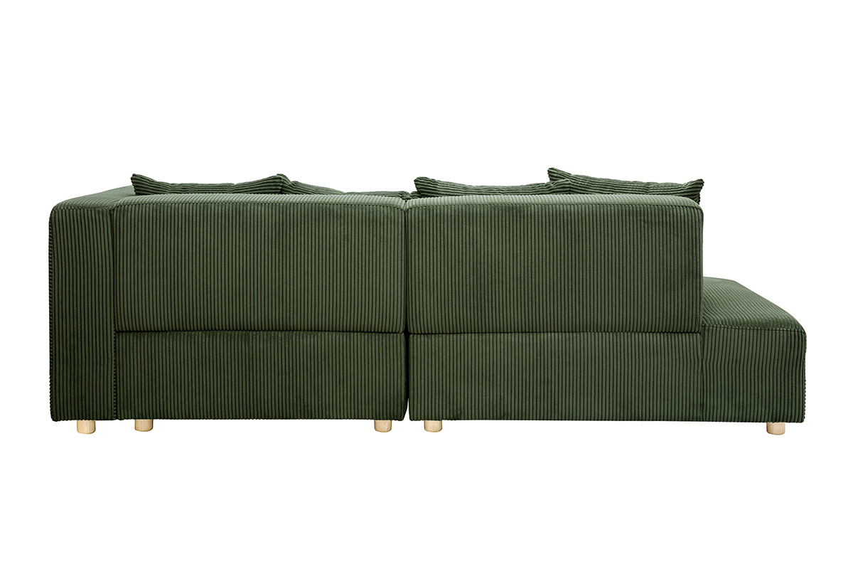 Canap� d'angle droit 3 places en tissu velours c�tel� vert kaki et bois clair HARLEM