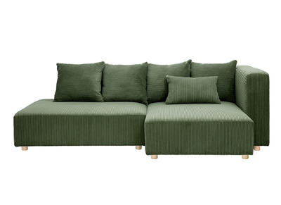 Canap&eacute; d'angle droit 3 places en tissu velours c&ocirc;tel&eacute; vert kaki et bois clair HARLEM