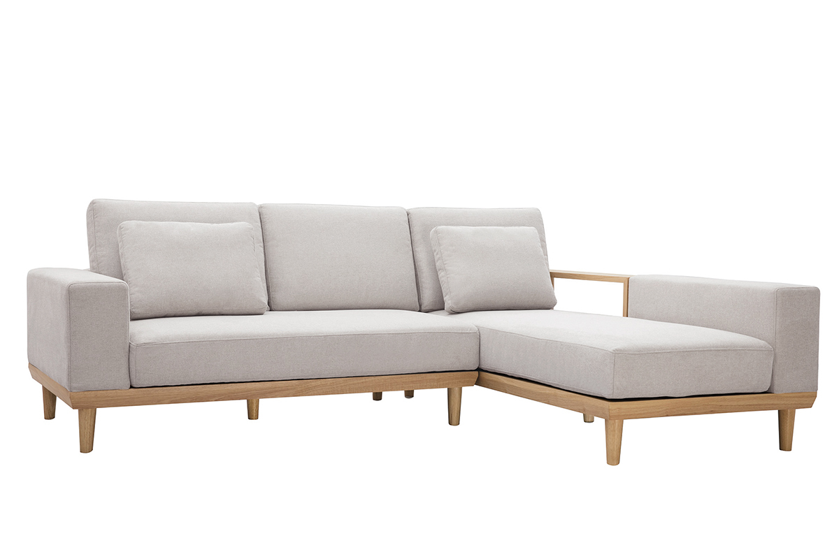 Canap� d'angle droit 5 places avec rangements en tissu effet velours textur� beige et bois clair KOMAO
