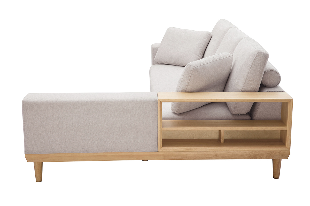 Canap� d'angle droit 5 places avec rangements en tissu effet velours textur� beige et bois clair KOMAO
