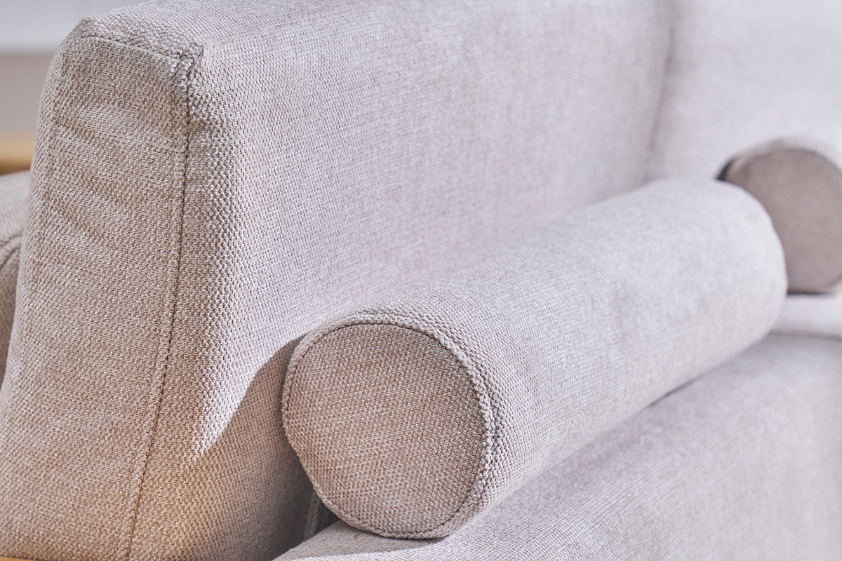 Canap� d'angle droit 5 places avec rangements en tissu effet velours textur� beige et bois clair KOMAO