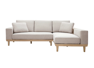 Canap&eacute; d'angle droit 5 places avec rangements en tissu effet velours textur&eacute; beige et bois clair KOMAO