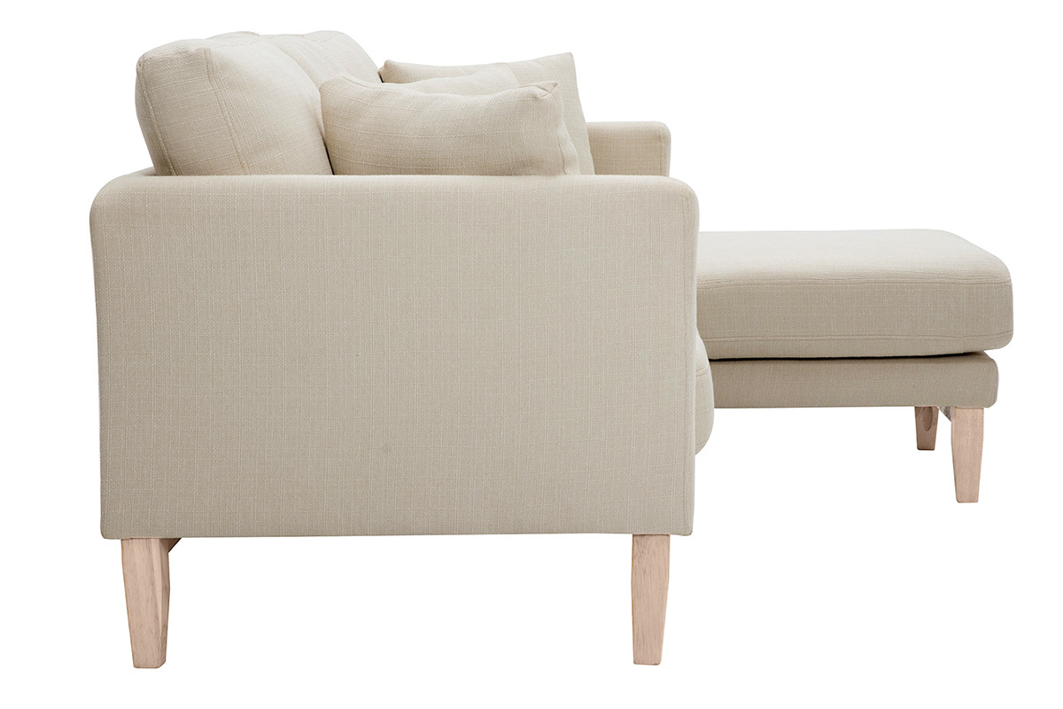 Canap� d'angle droit d�houssable beige avec pi�tement en bois clair, vue de profil