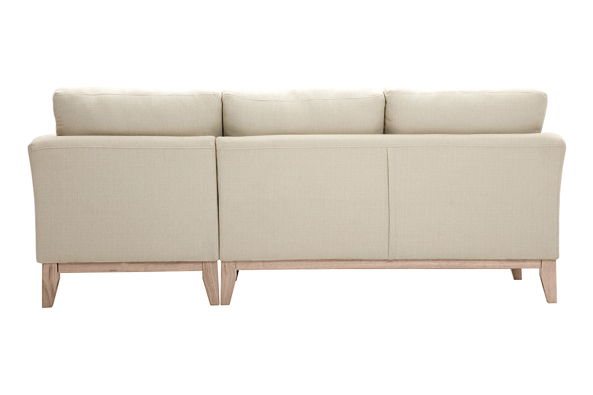 Canap� d'angle droit d�houssable beige en tissu avec pi�tement en bois clair, vue de dos.