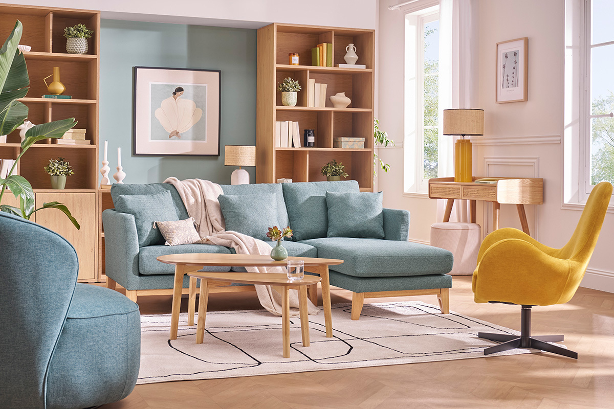 Canap� d'angle droit d�houssable scandinave 4 places en tissu vert de gris et bois clair OSLO