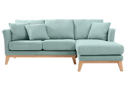 Canap&eacute; d'angle droit d&eacute;houssable scandinave 4 places en tissu vert lagon et bois clair OSLO
