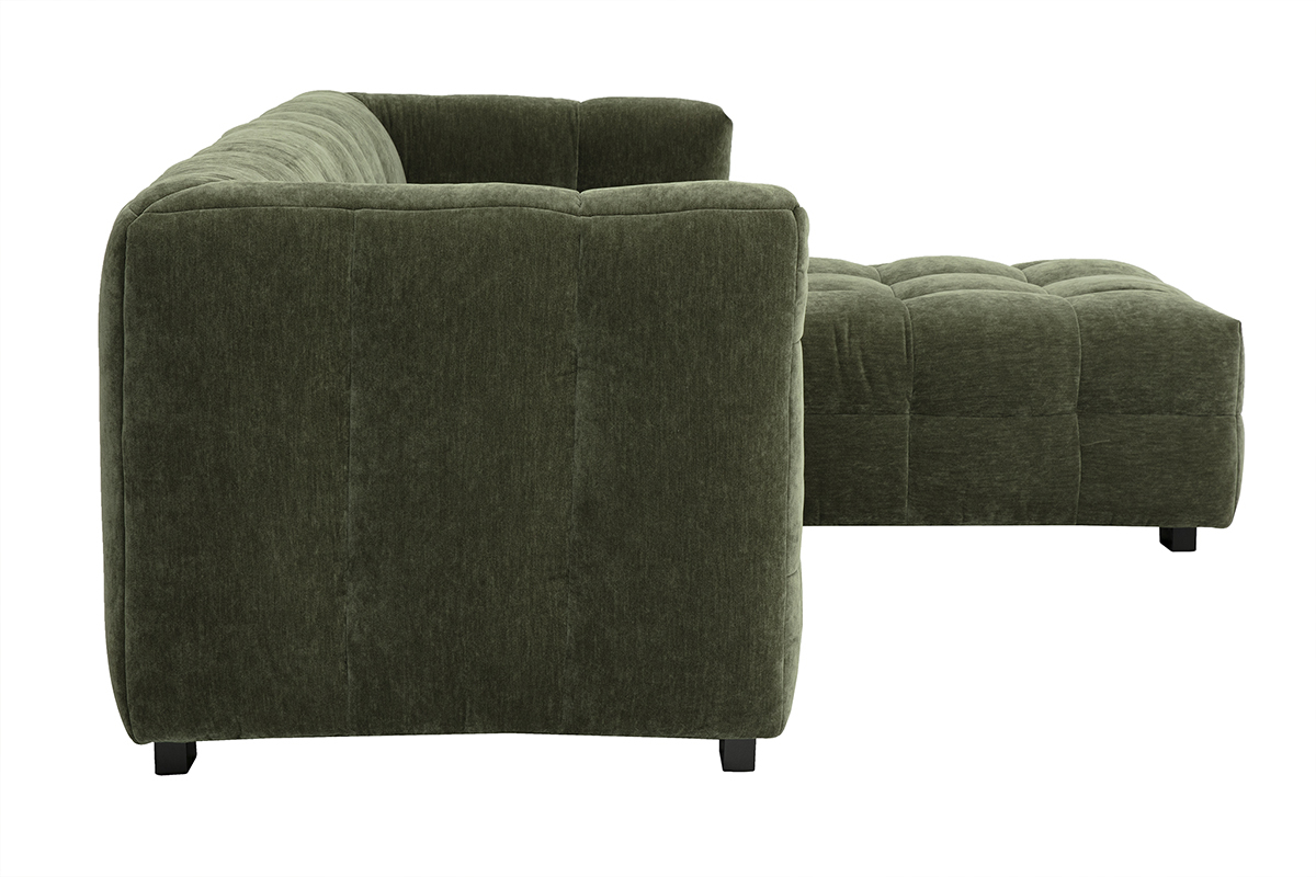 Canap� d'angle droit 3 places en tissu velours vert kaki, vue de c�t�.