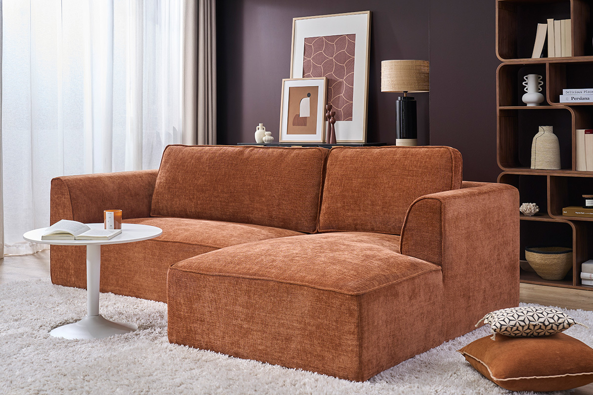 Canap� d'angle droit design en tissu effet velours textur� terre br�l�e 3 places GRAMMY