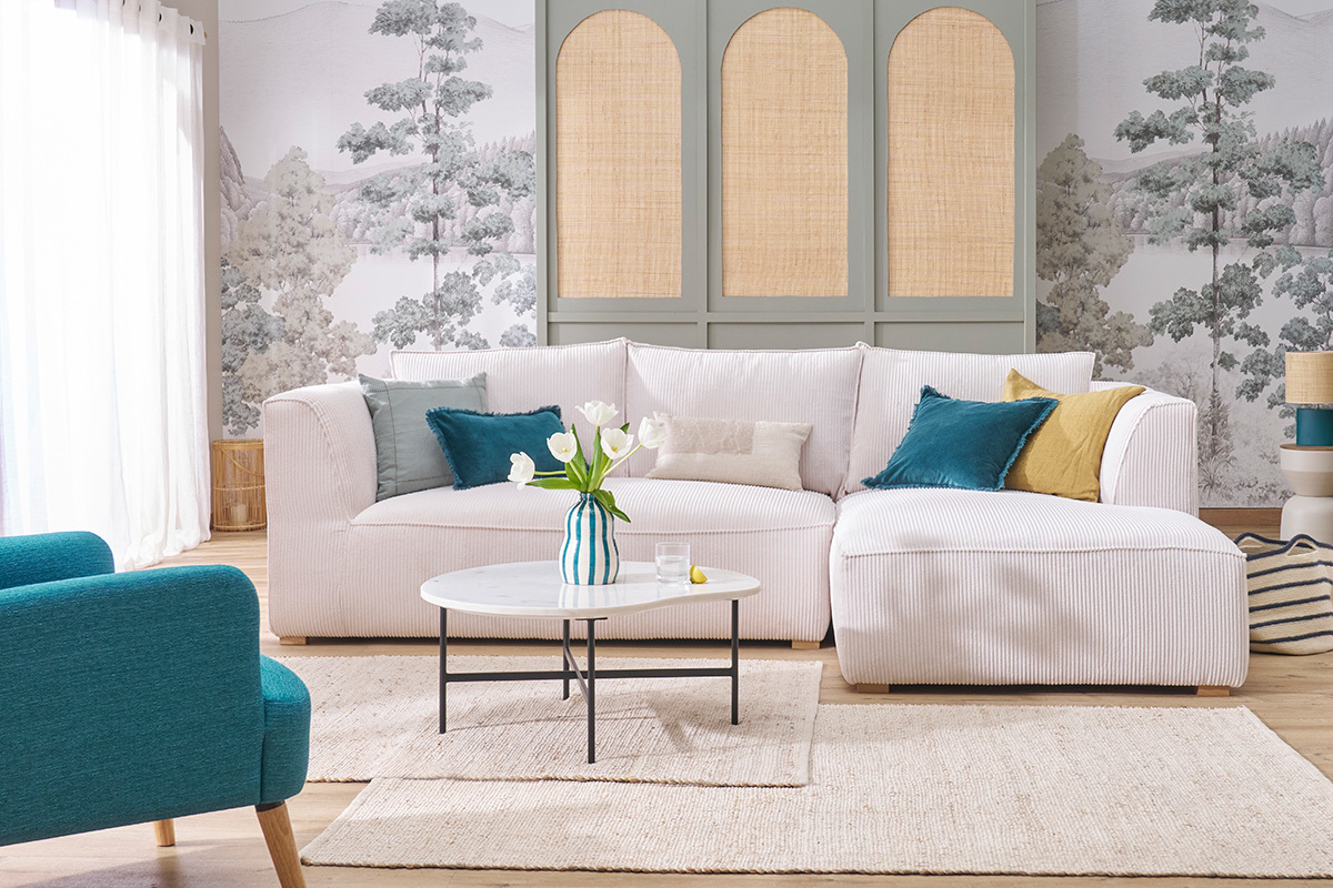 Canap� d'angle droit design en tissu velours c�tel� �cru 3-4 places PANAM