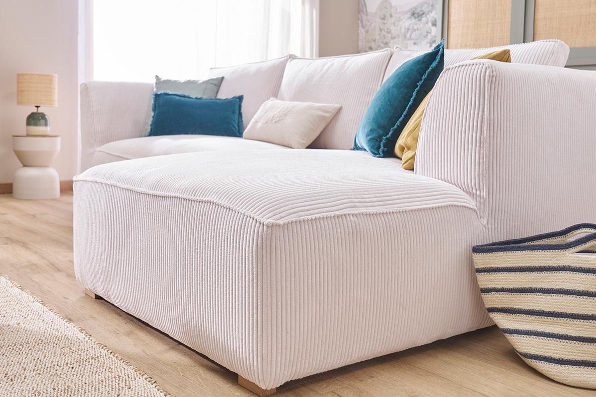 Canap� d'angle droit design en tissu velours c�tel� �cru 3-4 places PANAM