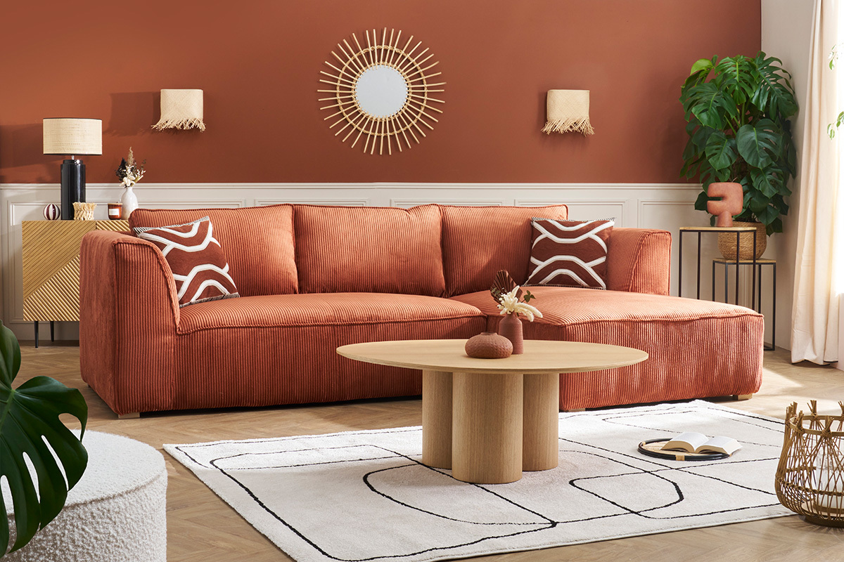 Canap� d'angle droit design en tissu velours c�tel� terre br�l�e 3-4 places PANAM