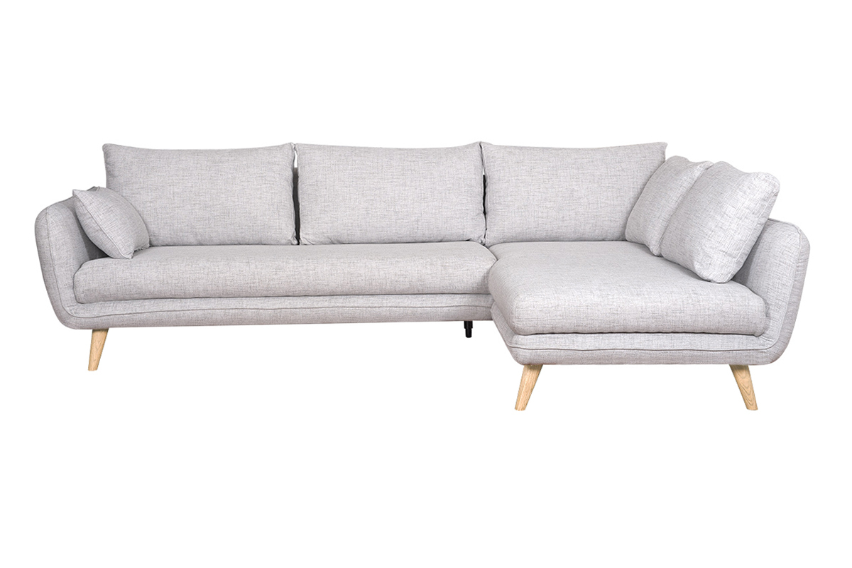Canap� d'angle droit scandinave 5 places en tissu gris clair chin� et bois clair CREEP