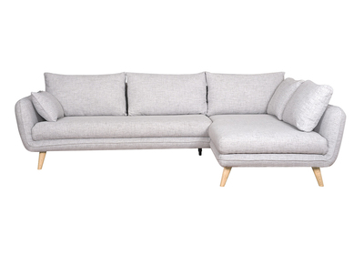 Canap&eacute; d'angle droit scandinave 5 places en tissu gris clair chin&eacute; et bois clair CREEP